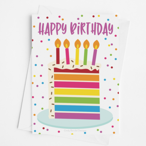 Rainbow slice birthday cake greeting card