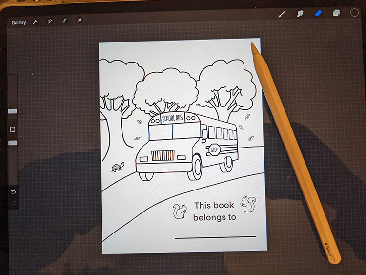 sketch of coloring page of a school bus driving down the street