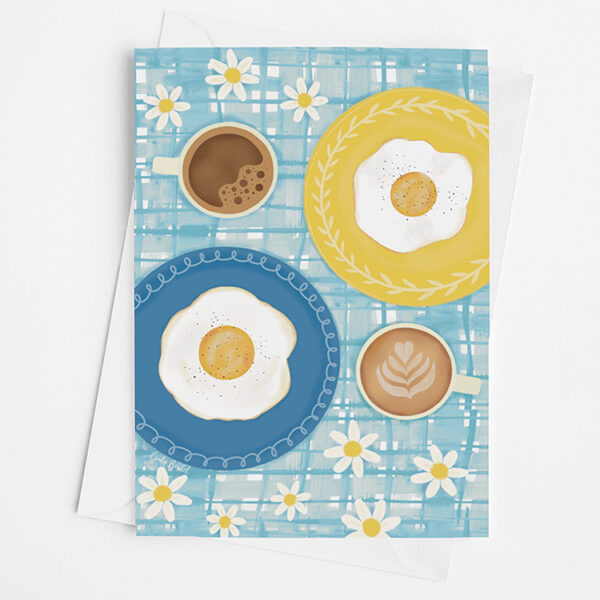 Wedding Congratulations Greeting Card. Cute breakfast scene with eggs and coffee. French country theme with blue and yellow. Also great for engagement or anniversary