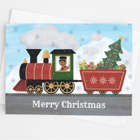 Christmas folded greeting card with holiday train design and gingerbread train conductor.