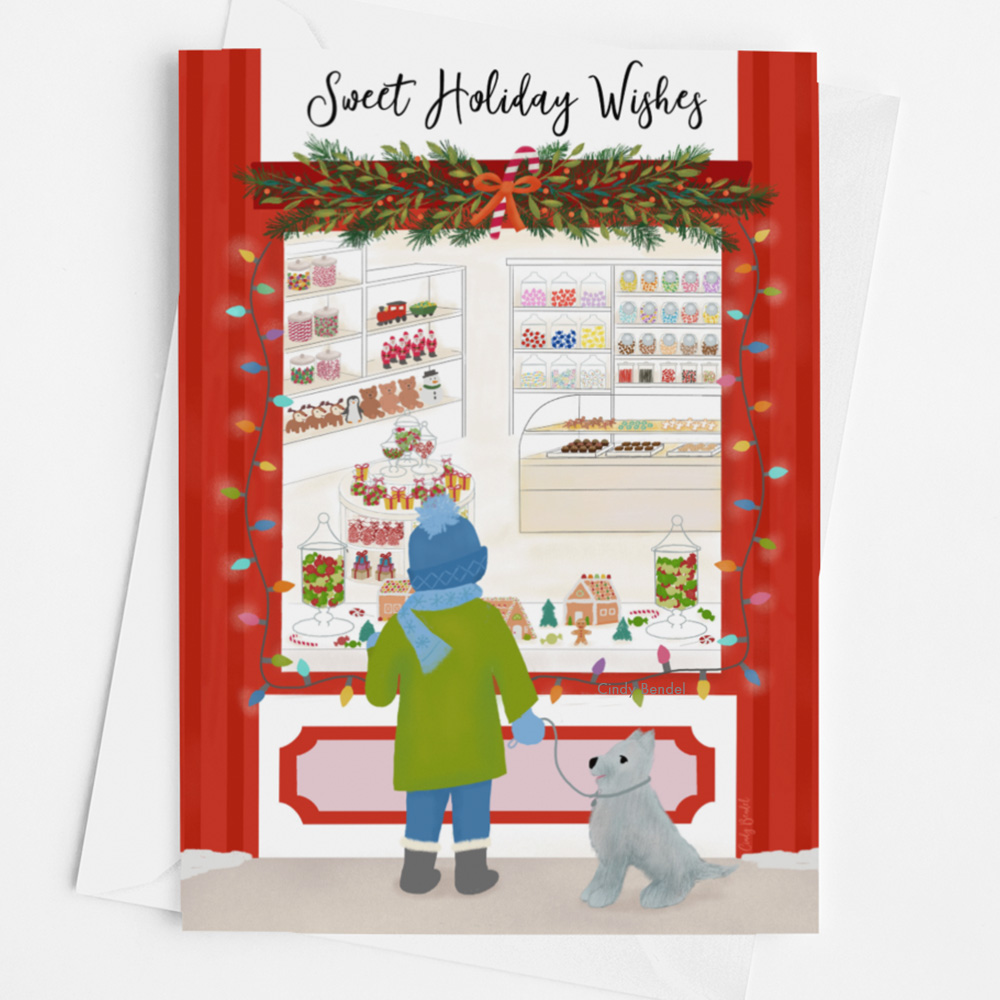 Christmas greeting card with holiday candy store scene. A child walks their dog and stops to look in.