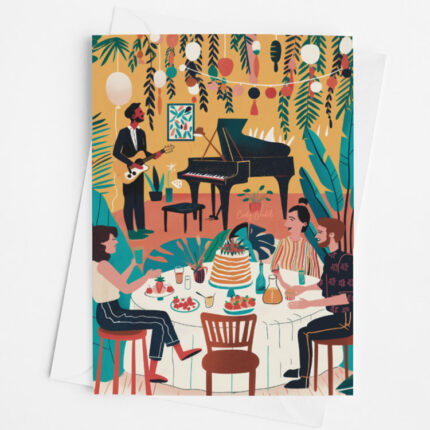 Greeting card with a funky, artsy scene of a party with guitar player and piano. People dining at a table with a tall cake in the center.