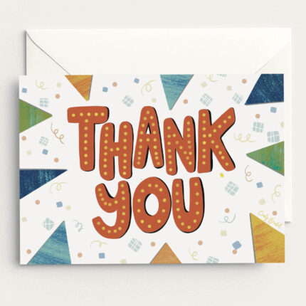 Thank you card with in bold red hand lettered text.