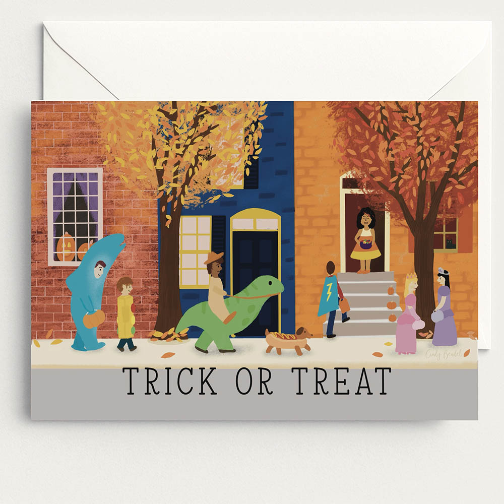 IMG_8532 Halloween illustration card of trick or treaters with a fall autumn background