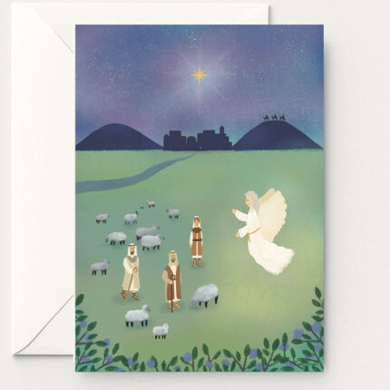 Christmas Greeting card illustration featuring the angel appearing to the shepherds to announce Jesus’s birth